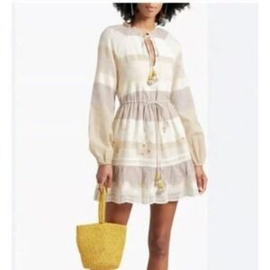 Hemant & Nandita Dress Womens M Ivory Mana Mini Boho Embroidered Metallic Eyelet